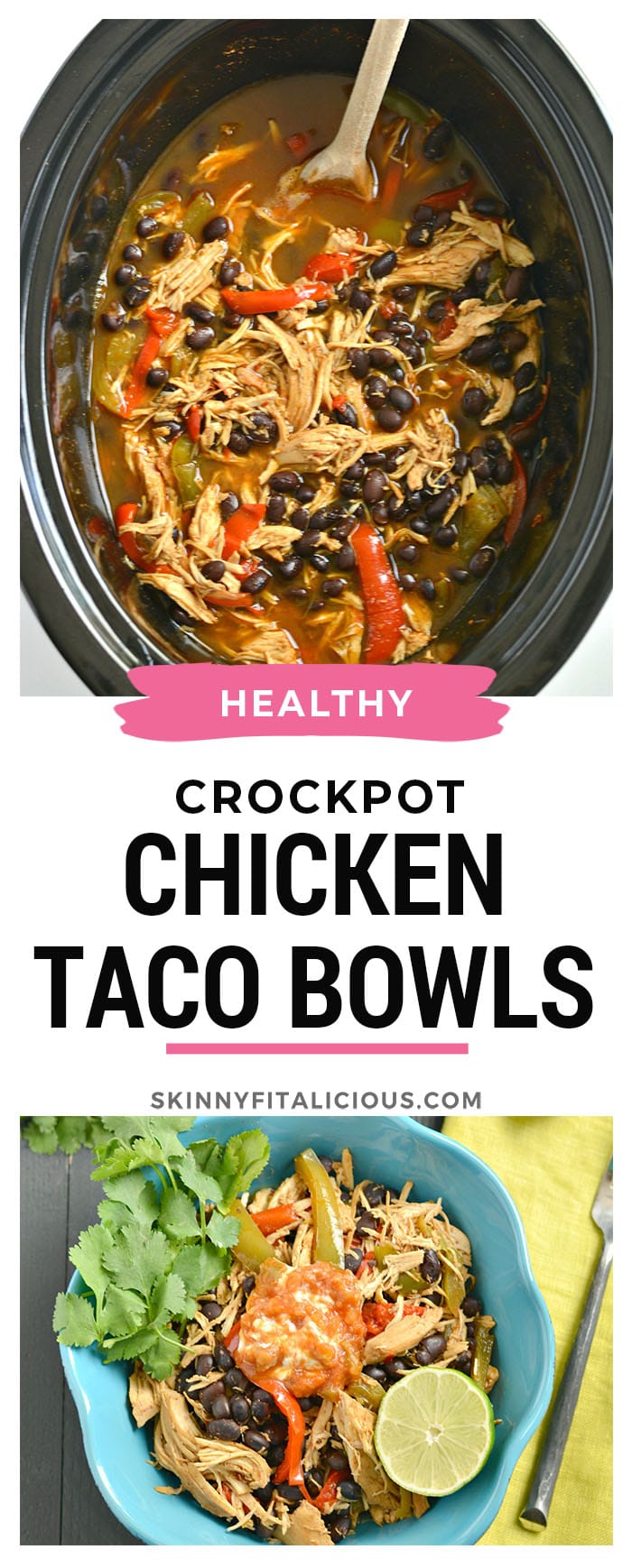 Make taco night easy night with these Crockpot Chicken Taco Bowls! Made naturally gluten free with homemade low sodium taco seasoning and layered with fresh vegetables, this low calorie dinner is one everyone will love especially the cook! Gluten Free + Low Calorie