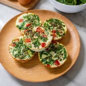 Egg white bites on a wooden plate with a bowl of spinach and whole eggs in the background.