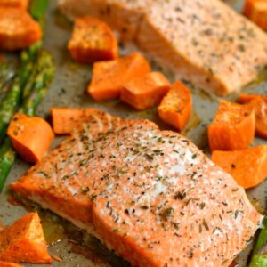 One Pan Baked Salmon Asparagus Sweet Potato
