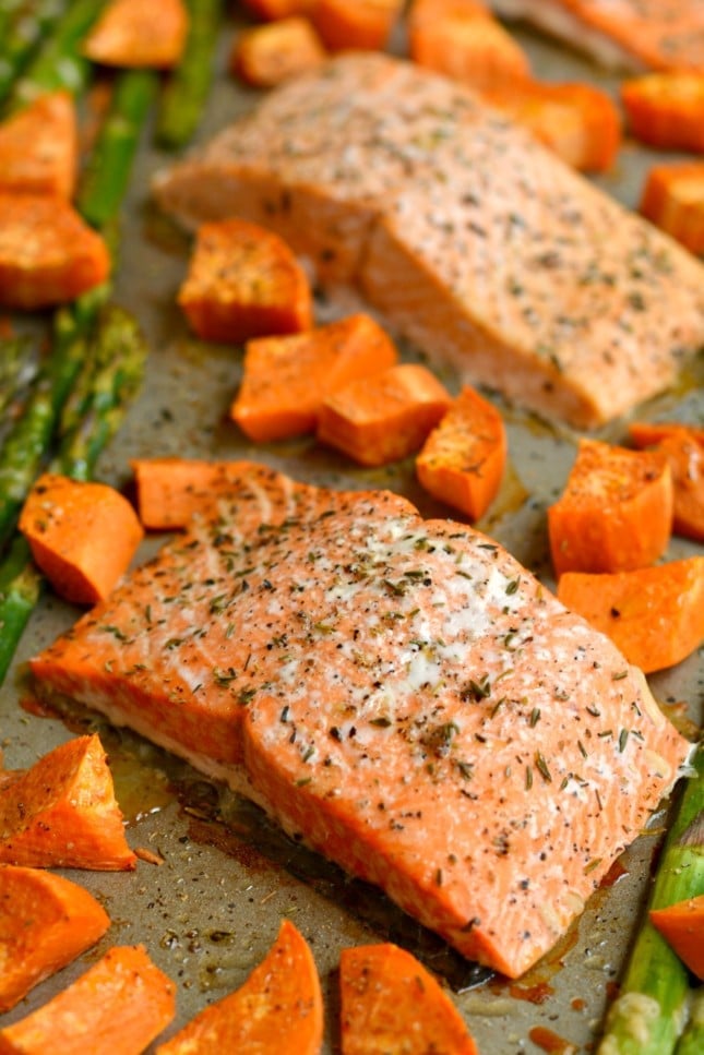 One Pan Baked Salmon Asparagus Sweet Potato - Skinny Fitalicious