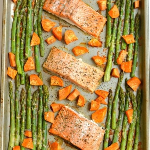 One Pan Baked Salmon Asparagus Sweet Potato - Skinny Fitalicious