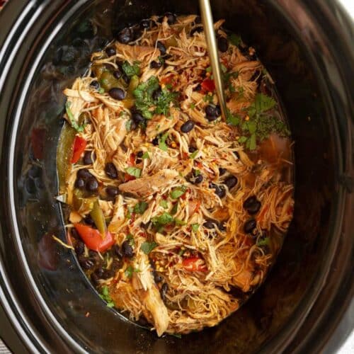 Slow cooker chicken taco bowl meat in a slow cooker after cooking and garnished with cilantro.