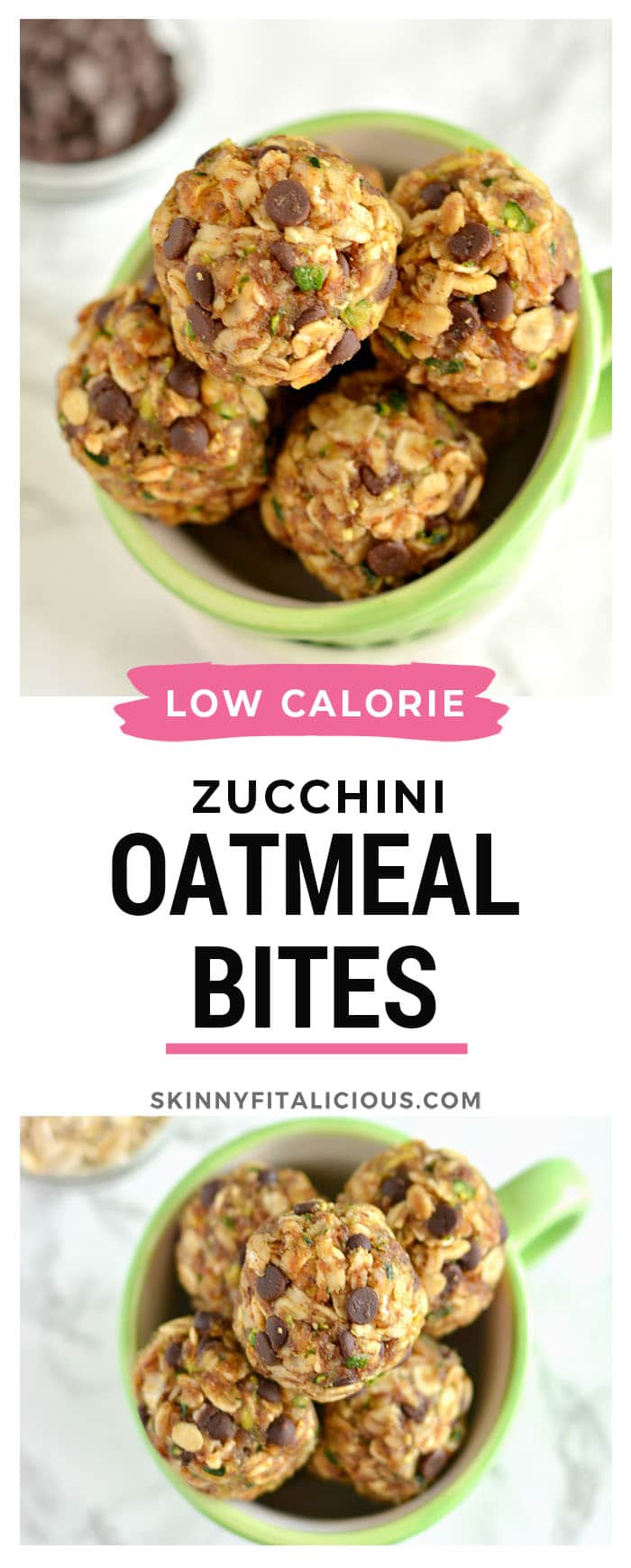 Zucchini Chocolate Oatmeal Bites make a surprising homemade snack and only 100 calories! Made with shredded zucchini, oats and nut butter, these no-bake gluten free, low calorie bites will soon be your new easy go-to summer snack!