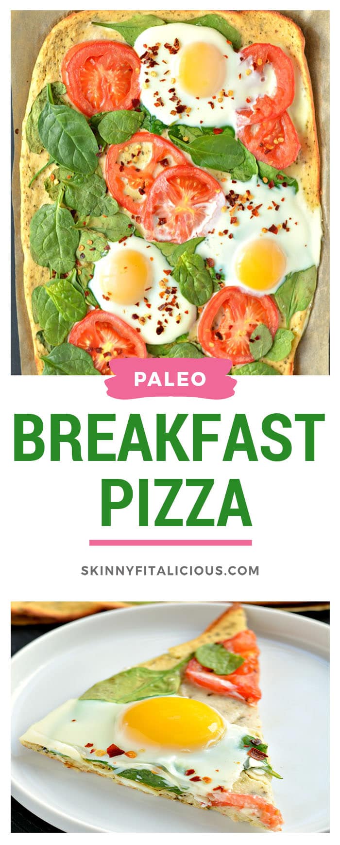 Wake up to Paleo Breakfast Pizza! Made with a simple coconut egg crust and topped with fresh veggies and cracked eggs, this is a perfect, easy meal for any time of day! Paleo + Gluten Free