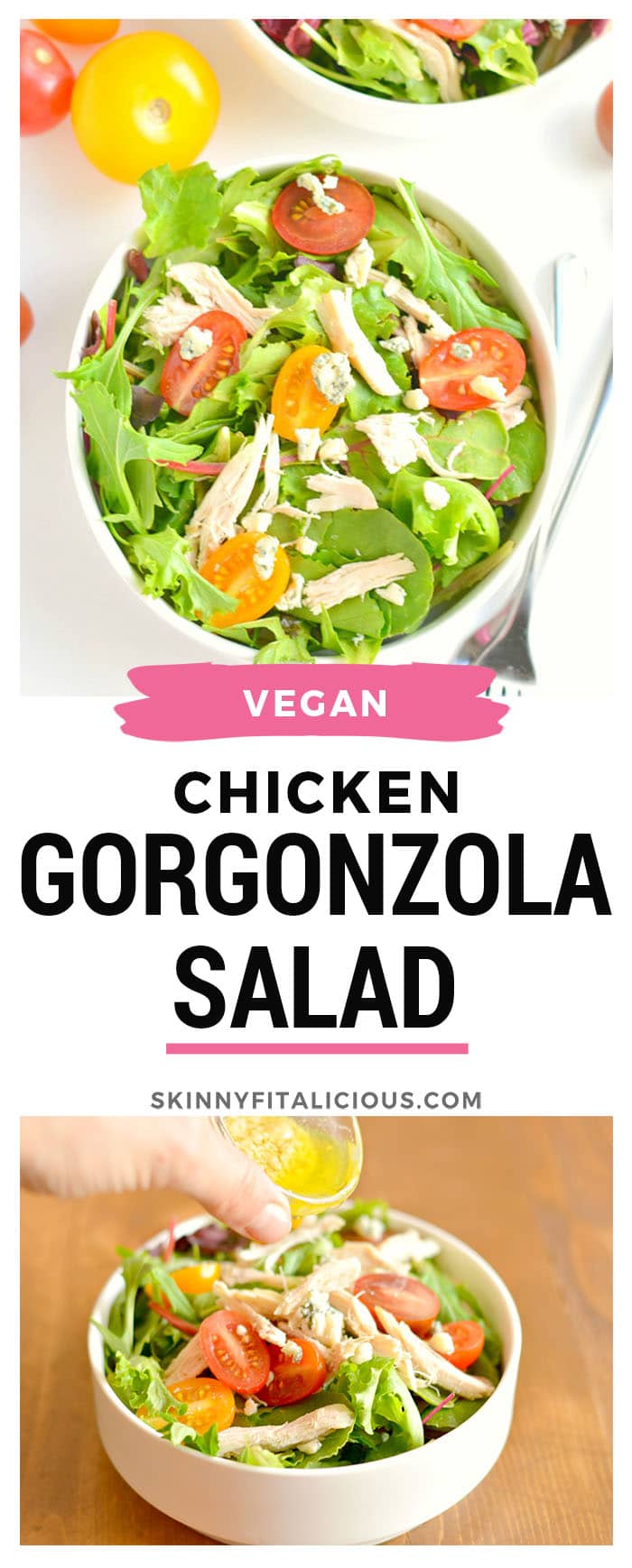 A light & vibrant Tomato Chicken Gorgonzola Salad! An easy gluten free recipe you can prep ahead of time and assemble during the week on the go. Paired with a creamy gorgonzola dressing, this flavorful salad is one you can enjoy all summer long! Gluten Free + Low Calorie