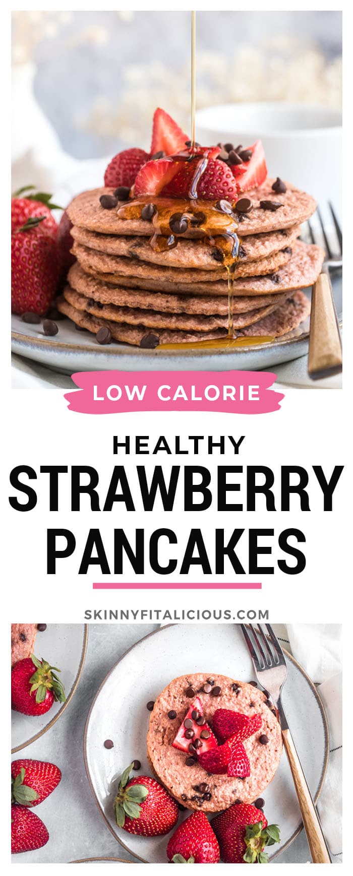 Healthy Strawberry Oat Chocolate Chip Pancakes made low calorie with gluten free oats, Greek yogurt, sweet strawberries with chunks of chocolate nestled in the batter.