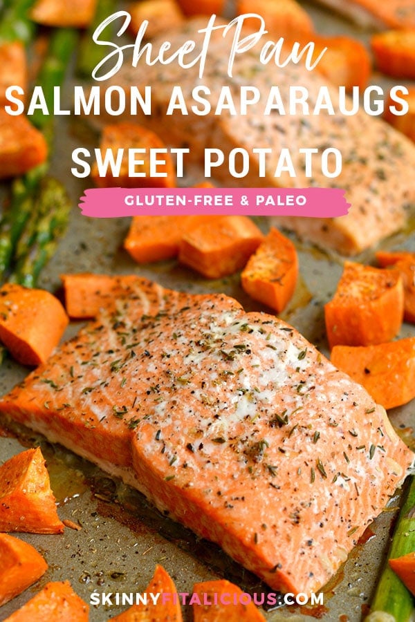 This One Pan Baked Salmon Asparagus & Sweet Potato is perfectly baked on a single pan for an EASY and filling dinner. A Paleo, Gluten Free & Low Calorie meal that takes just 30 minutes, ideal for any night!