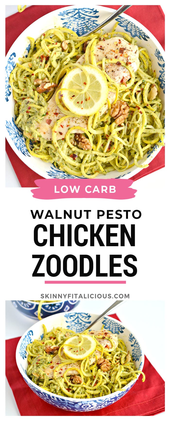 Baked chicken tops spiralized squash with a homemade walnut pesto in this Walnut Pesto Chicken Summer Squash. A simple 30 minute, HEALTHY meal that's Whole 30 compliant, Paleo, Gluten Free and low calorie friendly!