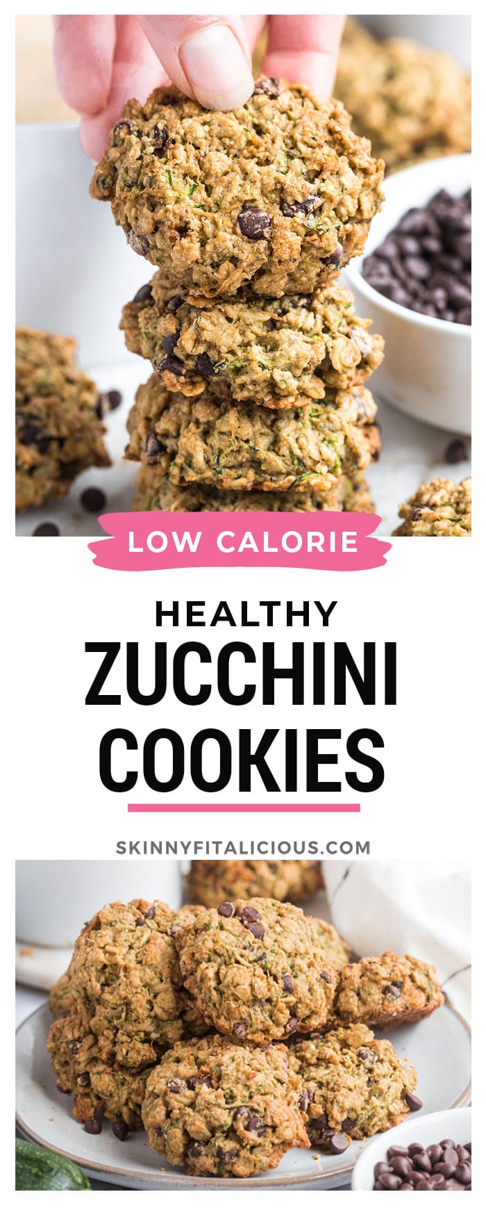 Healthy Zucchini Chocolate Cookies are low calorie, gluten free and packed with oats and chocolate flavor. A chewy, healthy oat cookie recipe that's kid approved. A sneaky way to eat your veggies!