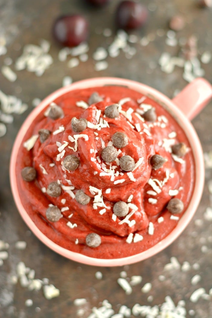Chocolate Cherry Coconut Ice Cream is a simple & healthy 3-ingredient freezer snack that takes less than 5 minutes to make in a blender. A creamy & delicious dairy-free, gluten-free, Vegan & Paleo friendly treat!