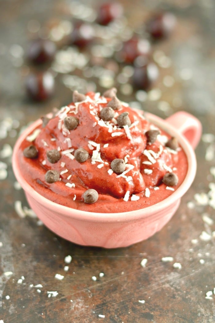 Chocolate Cherry Coconut Ice Cream is a simple & healthy 3-ingredient freezer snack that takes less than 5 minutes to make in a blender. A creamy & delicious dairy-free, gluten-free, Vegan & Paleo friendly treat!