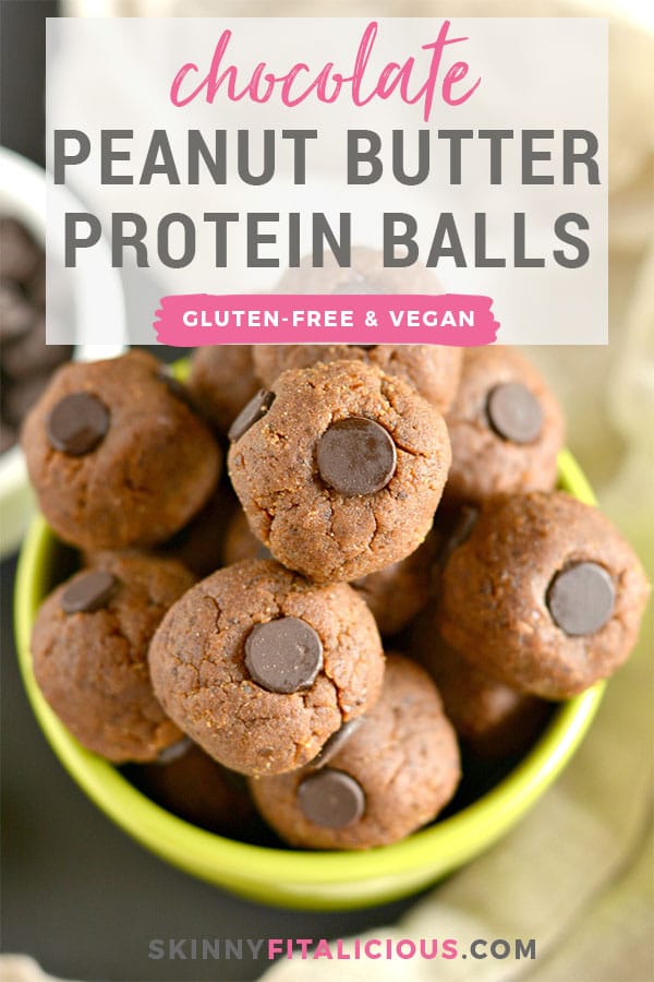 No Bake HEALTHY Chocolate Peanut Butter Protein Balls with 5 ingredients that's simple & easily customizable. A candy bar tasting goodie you can't resist! Vegan + Gluten Free + Low Calorie