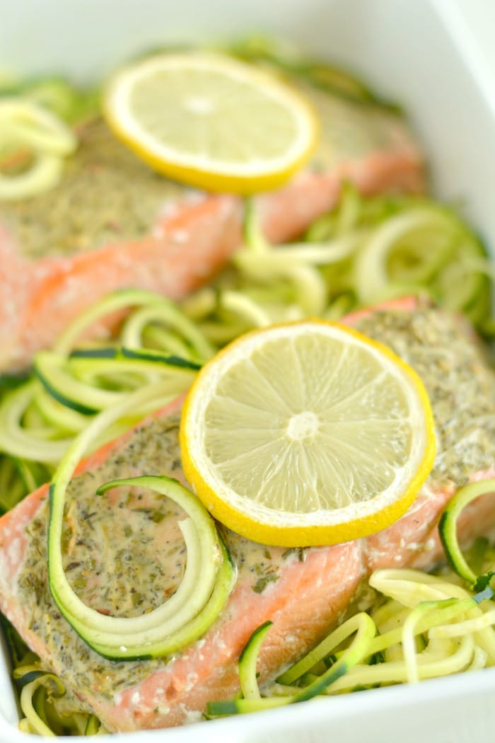 Lemon Herb Salmon Zucchini is a quick one pan meal packed with protein and tons of flavor. A 30 minute weeknight dinner that's low carb, low calorie, gluten free, dairy free and Paleo!