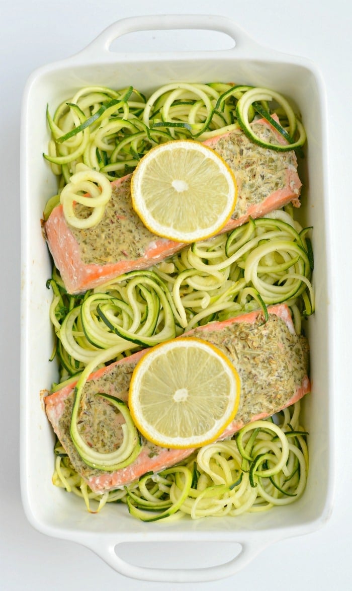 Lemon Herb Salmon Zucchini is a quick one pan meal packed with protein and tons of flavor. A 30 minute weeknight dinner that's low carb, low calorie, gluten free, dairy free and Paleo!