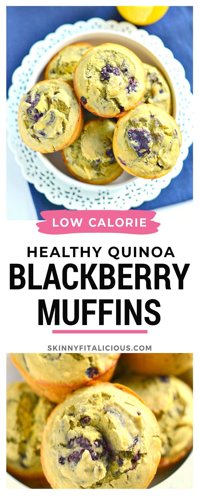 Blackberry Quinoa Muffins made with creamy Greek yogurt, sweetened with orange juice and bursting with fresh berries. A light and fit double protein packed snack! Gluten Free + Low Calorie