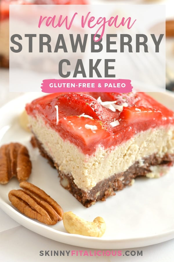 Raw Strawberry Cake is a nutrition powerhouse! Made with a cocoa macadamia pecan crust, creamy cashew filling and topped with a strawberry sauce, this is a dessert you cannot resist. Vegan, Paleo, gluten free, grain free & dairy free!