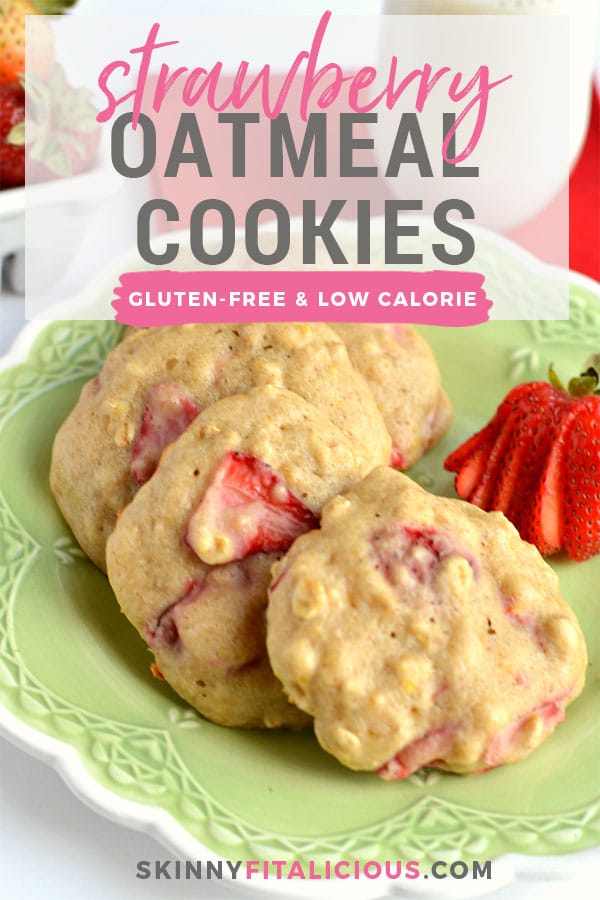 Healthy Strawberry Oatmeal Cookies! Chewy & creamy cookies filled with Greek yogurt, lemon, applesauce & fresh strawberries. A tasty breakfast or anytime snack under 100 calories! Gluten Free + Low Calorie