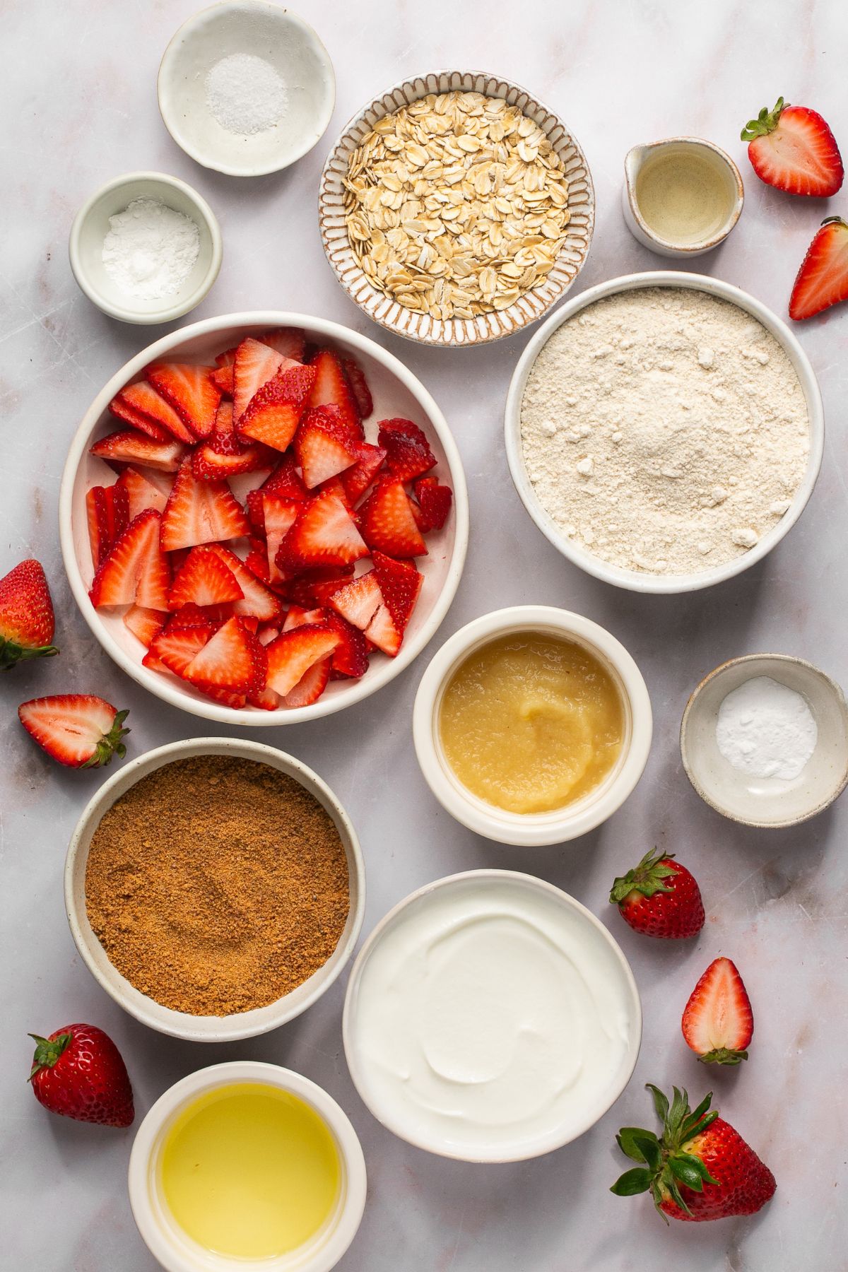 Ingredients to make strawberry cookies on the table before mixing.