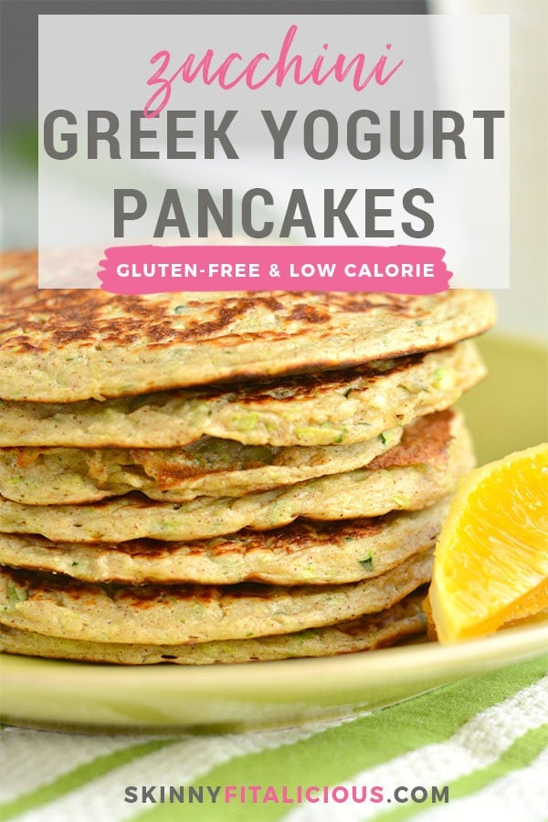 Zucchini Greek Yogurt Pancakes are packed with protein, whole grains and fiber. A mouthwatering stack that's fluffy on the outside & creamy on the inside. A great low calorie breakfast to start your day! Gluten Free + Low Calorie