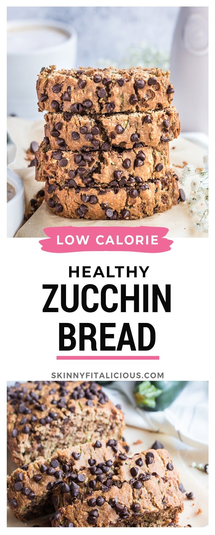Healthy Chocolate Zucchini Bread made low calorie with no added sugar or oil. A lighter and healthier zucchini bread that's gluten free, dairy free, moist, creamy and delicious! 
