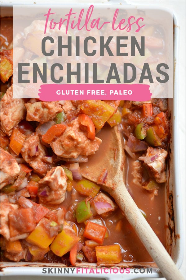 This Tortilla-less Chicken Enchilada Bake has a rainbow of freshly chopped vegetables and is topped with an irresistible homemade enchilada sauce. A flavorful dinner that could not be more healthy or delicious. Serve over lettuce, rice or whatever your taste buds desire! Paleo + Gluten Free + Low Calorie