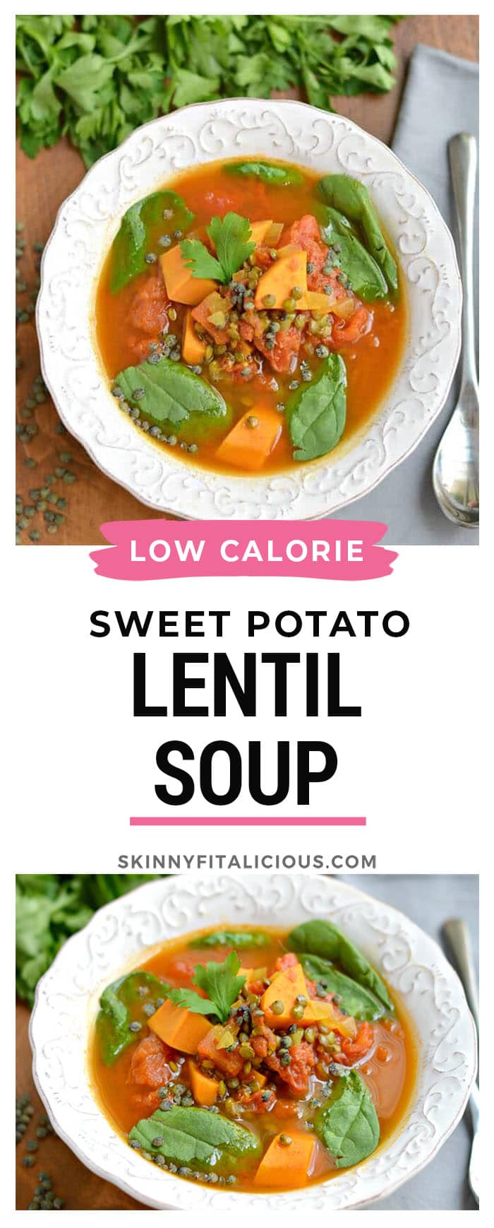 Low fat Lentil Sweet Potato Soup is a one pot wonder! Bursting with flavorful comforting spices, this 30 minute soup makes a satisfying vegan meal even non vegan's will love! Gluten Free + Low Calorie + Vegan