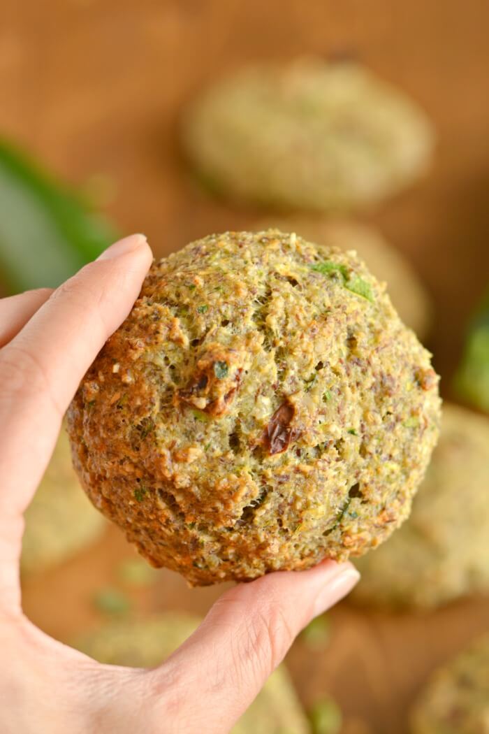 Savory Pumpkin Zucchini Sundried Tomato Biscuits made with pumpkin seeds & flax. An omega-3 Paleo and Gluten Free bread that can be served as a healthy side or snack.