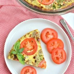 Sausage Tomato Breakfast Pizza! A simple one-pan dish made with fresh vegetables and herbs with the flavors of pizza. A Paleo, gluten free and low calorie breakfast that's healthy, nourishing and delicious! #eggbake #frittata