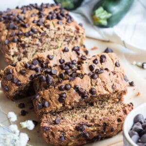 Healthy Chocolate Zucchini Bread made low calorie with no added sugar or oil. A lighter and healthier zucchini bread that's gluten free, dairy free, moist, creamy and delicious!