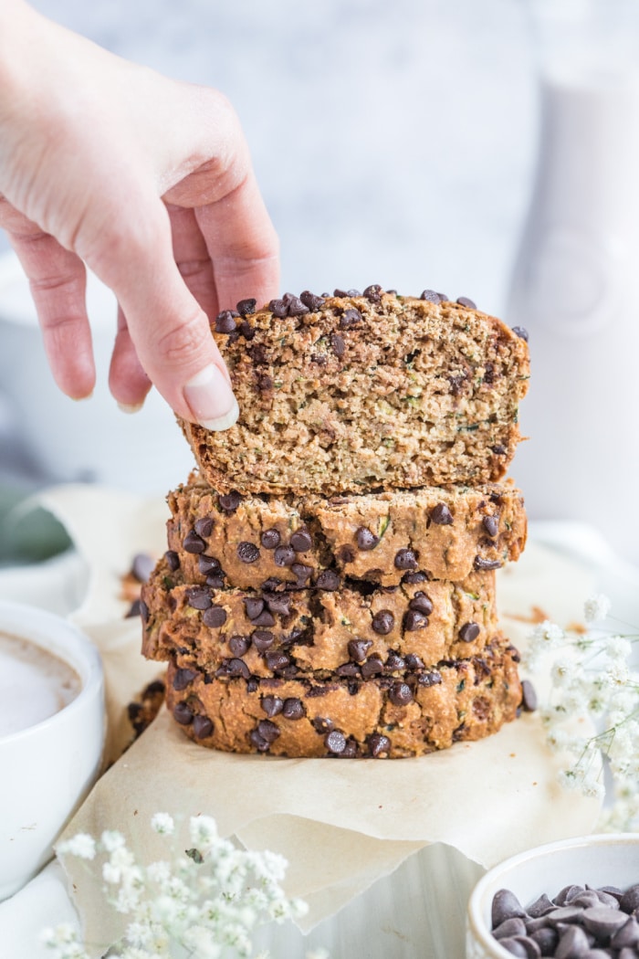 Healthy Chocolate Zucchini Bread made low calorie with no added sugar or oil. A lighter and healthier zucchini bread that's gluten free, dairy free, moist, creamy and delicious!