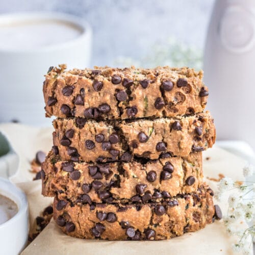 Healthy Chocolate Zucchini Bread made low calorie with no added sugar or oil. A lighter and healthier zucchini bread that's gluten free, dairy free, moist, creamy and delicious!