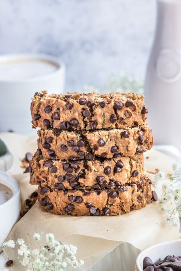 Healthy Chocolate Zucchini Bread made low calorie with no added sugar or oil. A lighter and healthier zucchini bread that's gluten free, dairy free, moist, creamy and delicious!