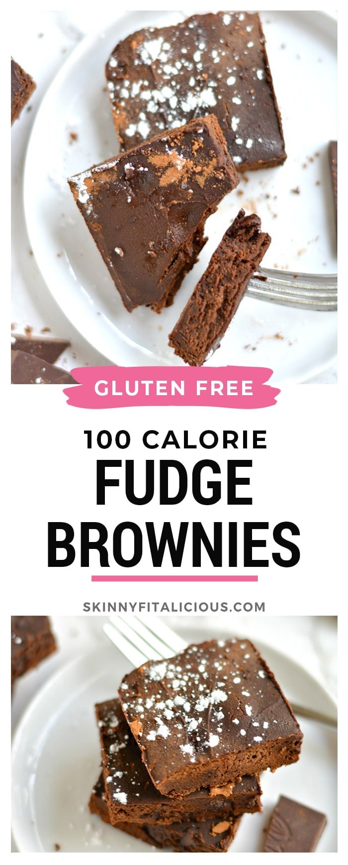 Silky 100 Calorie Fudge Brownies made healthy with rich dark chocolate and no added sugar or refined oil. The perfect chocolatey treat to satisfy a sweet tooth! Low Calorie + Gluten Free recipe!