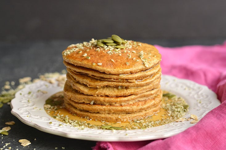 Fluffy Pumpkin Protein Pancakes made with cottage cheese and fall inspired flavors, make a high protein breakfast. A healthy way to start your day! Low Calorie + Gluten Free