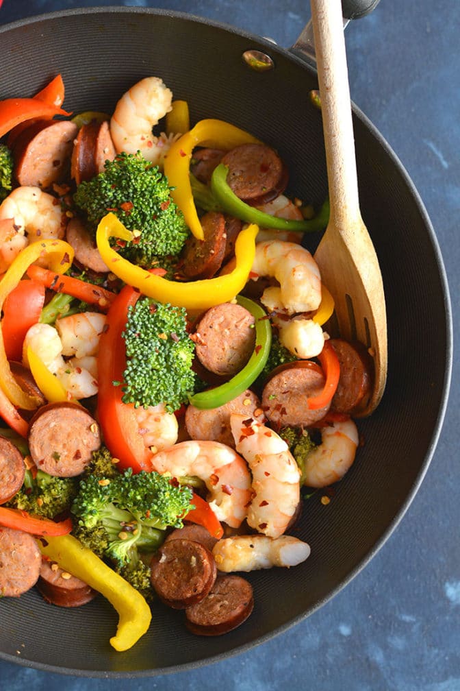 Spicy Shrimp Sausage Stir Fry Paleo, GF, Low Cal - Skinny Fitalicious