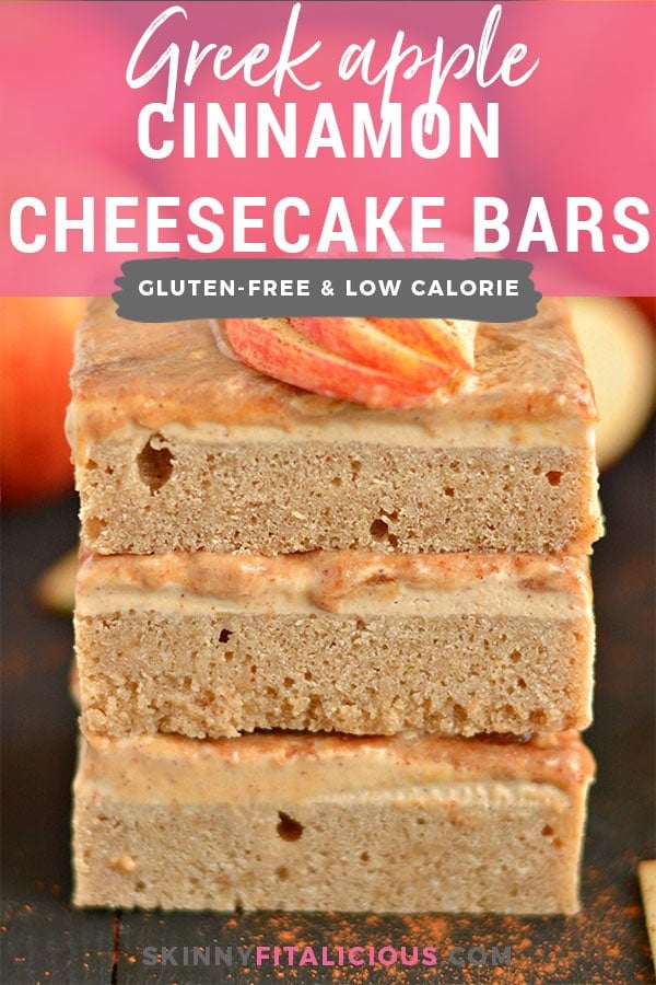 Greek Apple Cinnamon Cheesecake Bars are a lighter version of classic cheesecake. Spiced with fall flavors and made with Greek cream cheese, this healthier dessert is a party favorite! Gluten Free + Low Calorie