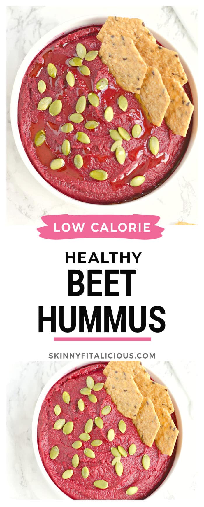 Creamy White Bean Beet Hummus made with 6 healthy ingredients and a pumpkin surprise. A hearty dip that's remarkably delicious, tastes nothing like beets and sure to be the star of the party! Vegan + Gluten Free + Low Calorie