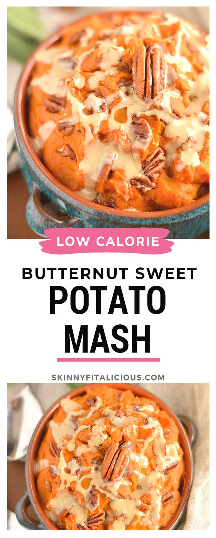 Maple Tahini Butternut Sweet Potato Mash is a healthier version of sweet potato casserole. Lightly sweetened with maple syrup, savory tahini sauce and topped with pecans to make the perfect side dish for fall, winter and holiday gatherings. Gluten Free + Low Calorie + Vegan + Paleo