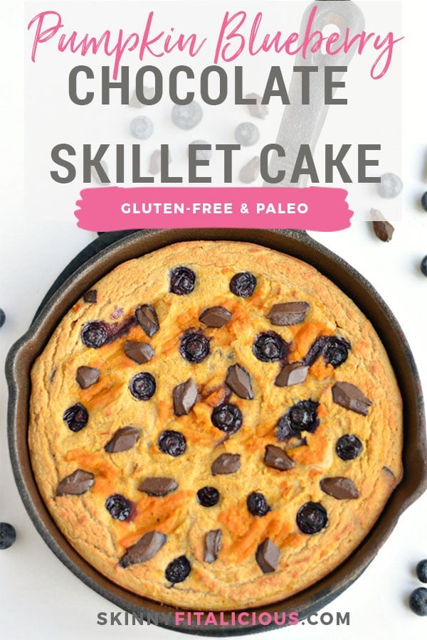 Pumpkin Blueberry Chocolate Skillet Cake! Savor the flavors of fall with swirls of pumpkin and rings of blueberries & chocolate in a thick coconut flour skillet cake that's healthy, EASY & addicting! The perfect Paleo + Gluten Free fall breakfast, dessert or snack. 