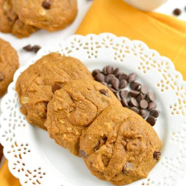 Perfectly soft baked Pumpkin Chocolate Chip Oatmeal Cookies made healthy with whole grains and no refined oil or sugar. A scrumptious treat that's easy to make with unbeatable flavor! Gluten Free + Low Calorie + Vegan