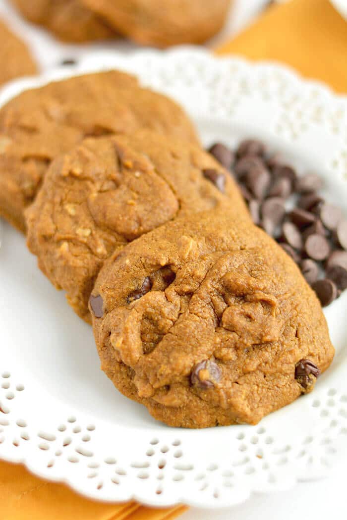 Perfectly soft baked Pumpkin Chocolate Chip Oatmeal Cookies made healthy with whole grains and no refined oil or sugar. A scrumptious treat that's easy to make with unbeatable flavor! Gluten Free + Low Calorie + Vegan