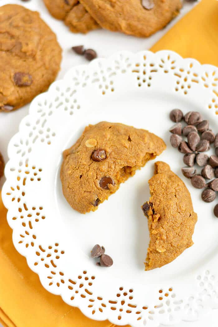 Perfectly soft baked Pumpkin Chocolate Chip Oatmeal Cookies made healthy with whole grains and no refined oil or sugar. A scrumptious treat that's easy to make with unbeatable flavor! Gluten Free + Low Calorie + Vegan 