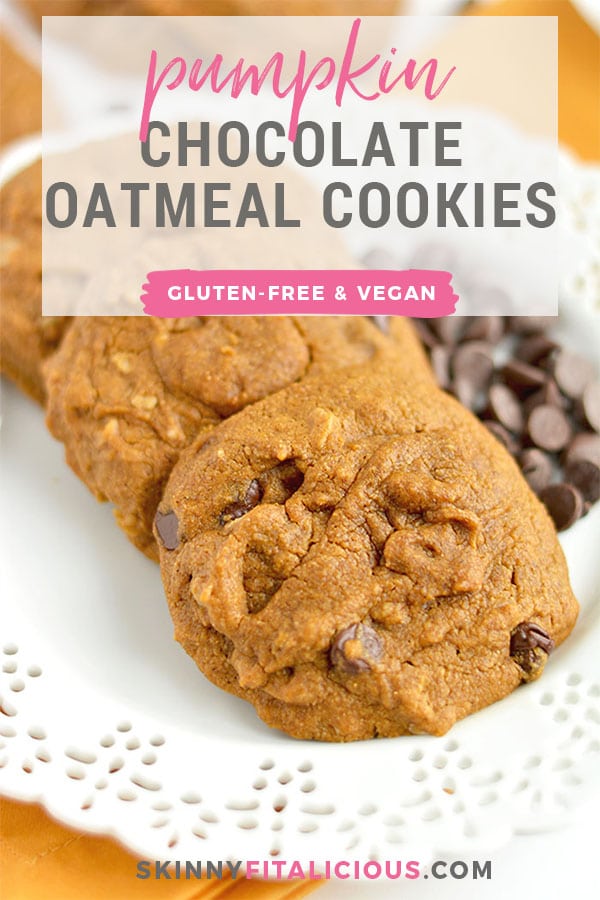 Perfectly soft baked Pumpkin Chocolate Chip Oatmeal Cookies made healthy with whole grains and no refined oil or sugar. A scrumptious treat that's easy to make with unbeatable flavor! Gluten Free + Low Calorie + Vegan 