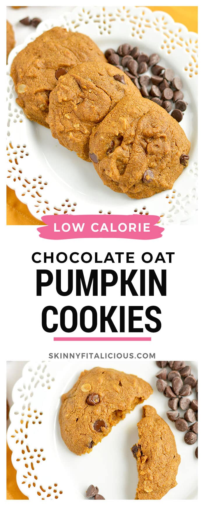 Perfectly soft baked Pumpkin Chocolate Chip Oatmeal Cookies made healthy with whole grains and no refined oil or sugar. A scrumptious treat that's easy to make with unbeatable flavor! Gluten Free + Low Calorie + Vegan