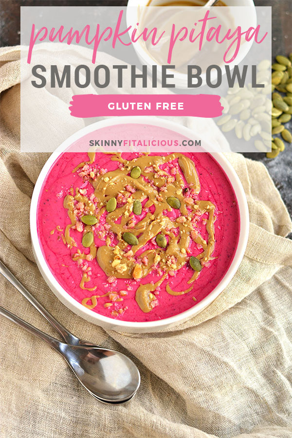 This pretty in pink Pumpkin Pitaya Smoothie Bowl makes pumpkin eating fun. High in protein & packed with nutrients, this will be your fall smoothie favorite! Gluten Free + Low Calorie + Vegan + Paleo