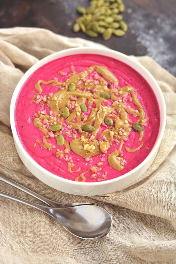 This pretty in pink Pumpkin Pitaya Smoothie Bowl makes pumpkin eating fun. High in protein & packed with nutrients, this will be your fall favorite!