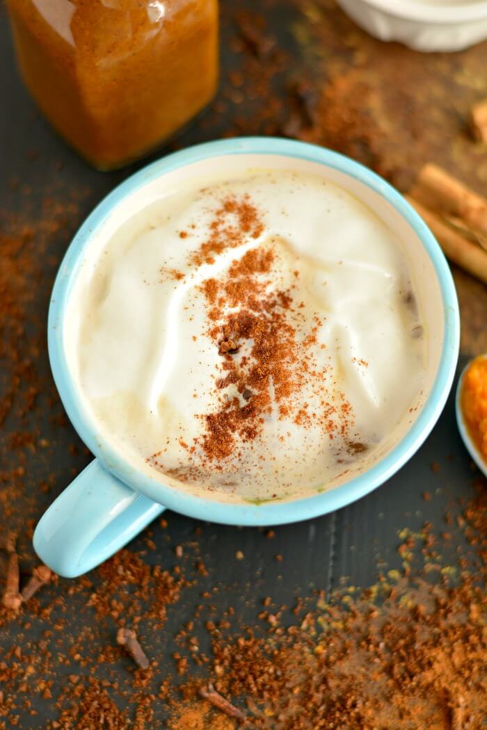 Low Sugar Turmeric Pumpkin Spice Coffee Syrup made with real food ingredients. 