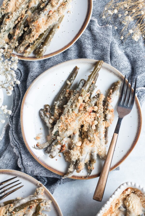 Healthy Green Bean Casserole made low calorie, gluten free and lower carb from scratch, without processed ingredients in under 30 minutes!