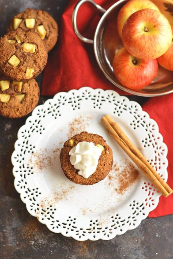 Warm Paleo Apple Cinnamon Muffins bursting with natural sweetness! Made with almond flour, these muffins are thick, hearty & make the perfect single-serve dessert or snack! Gluten Free + Low Calorie + Paleo