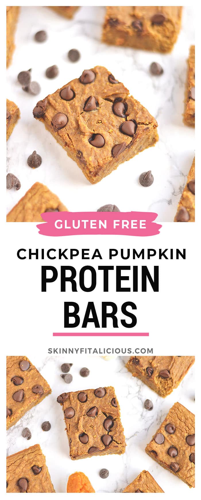 Chickpea Pumpkin Chocolate Protein Bars packed with protein & taste like pumpkin pie! Made with garbanzo beans, these ultra creamy bars are an easy blend & bake snack anyone will love. Gluten Free + Low Calorie 
